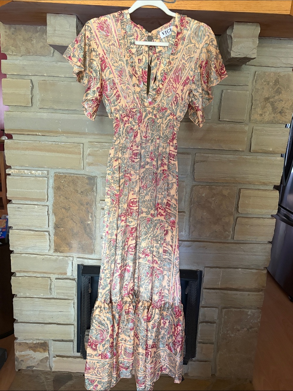 VICI Paisley Maxi Dress in Peach, Pink and Green